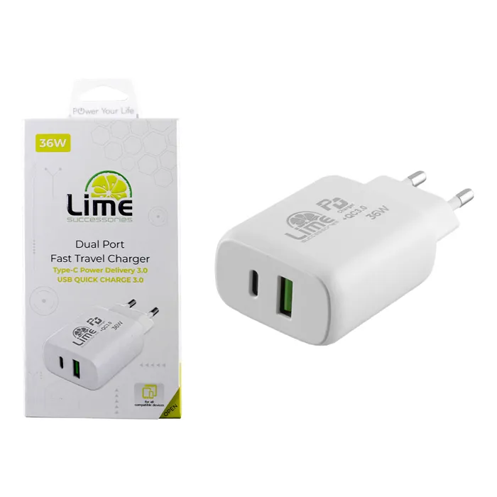 Φορτιστής 36W Dual Port USB+USB-C QC3.0 PD3 Lime | axd.gr Φορτιστής 36W Dual Port USB+USB-C QC3.0 PD3 Lime | axd.gr